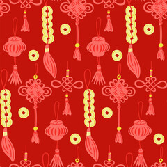 Traditional Chinese ornaments and lanterns illustrated in red and yellow. Seamless festive vector pattern with cultural motifs. Chinese New Year illustration