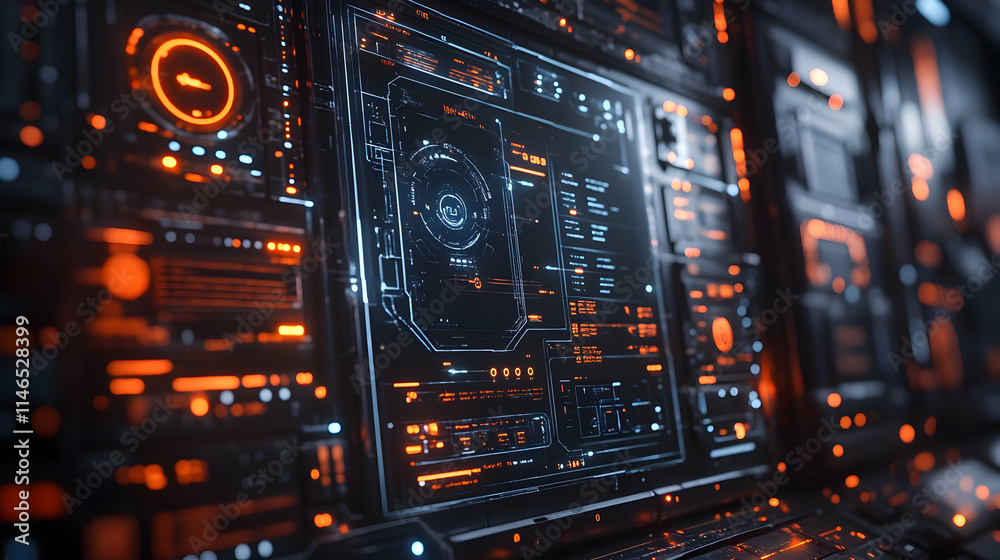 Poster futuristic digital interface with glowing elements, displaying data and analytics.