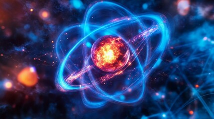Obraz premium Glowing orb, blue energy trails, cosmic background.
