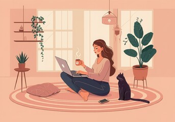 Fototapeta premium Relaxed video call: Woman working on a laptop with coffee and pets in a cozy home setting