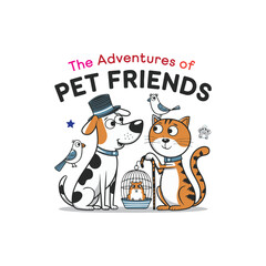 create a vector style simple Design a Cover fo a kids book with pets cute white background

