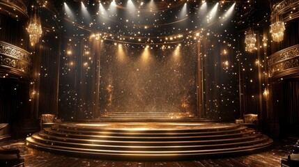Obraz premium An opulent stage with a sparkling golden backdrop, illuminated steps, and elegant spotlights, exuding luxury and grandeur