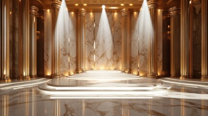 Fototapeta premium An opulent stage with a white marble floor, golden pillars, and cascading lights, perfect for high-profile celebrations