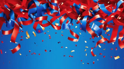 Colorful streamers and confetti against a blue background, perfect for celebrations.