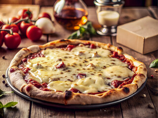 Delicious cheese pizza with melted cheese. Tasty Food background