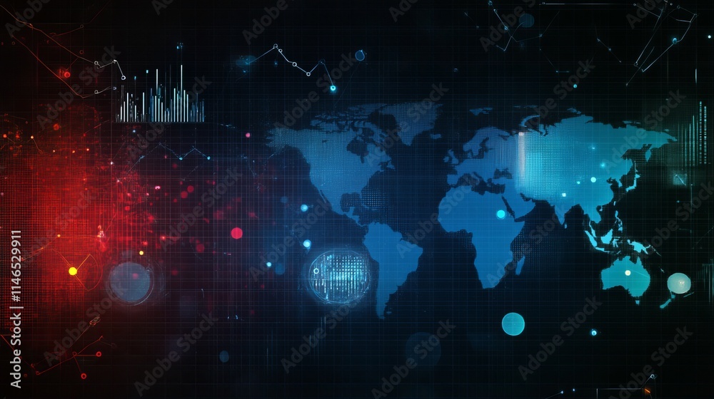 Poster global data network visualization digital world map with analytics