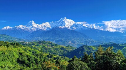 Obraz premium Majestic mountain landscape with lush greenery and bright blue skies.