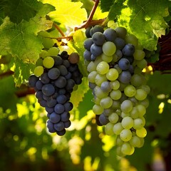 Fototapeta premium Grapes hanging on vine, plump clusters and natural growth, fresh grapes and healthy harvest