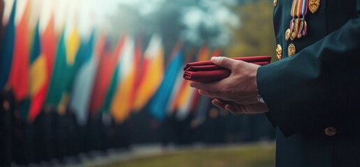 Soldier carefully holding folded flags during a ceremony with blurred background of many flags.