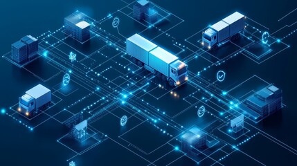 Futuristic Digital Network with Delivery Trucks and Glowing Connections