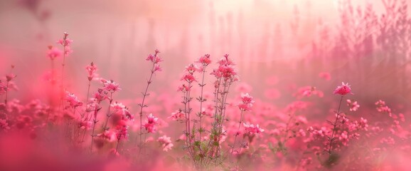 Soft pink flowers in a misty field at sunrise.