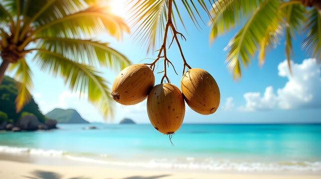 Sun-kissed coconuts hanging from palm, a tropical beach paradise awaits!