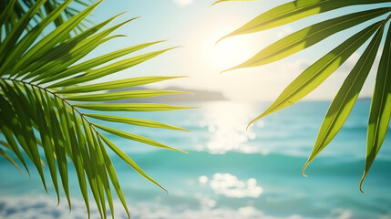 Sunlit palm fronds frame a vibrant ocean scene at sunset, creating a tranquil and idyllic tropical paradise.
