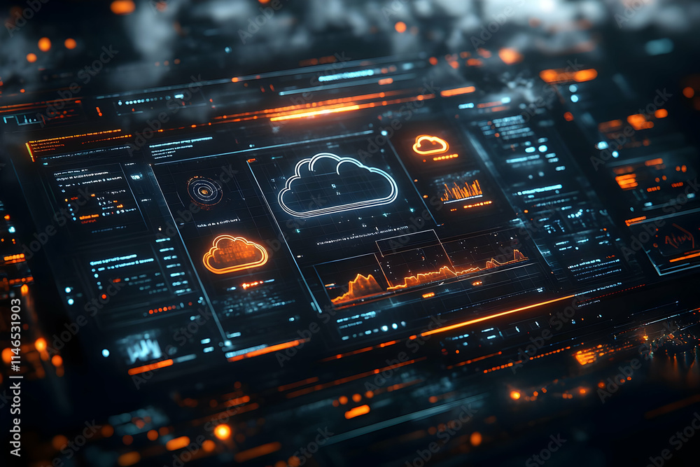 Poster futuristic interface displaying cloud data analytics and monitoring metrics.