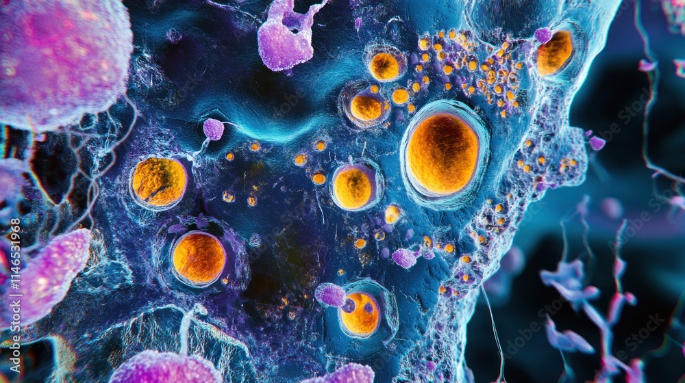 Poster Microscopic view of cells showcasing vibrant colors and structures in a biological context.