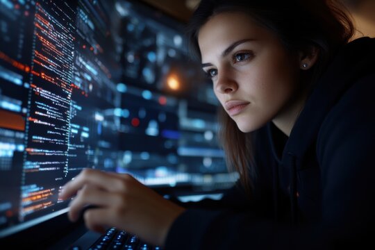 A female programmer immersed in her work, typing code with precision while surrounded by bright, complex digital displays, representing the fusion of technology and creativity.