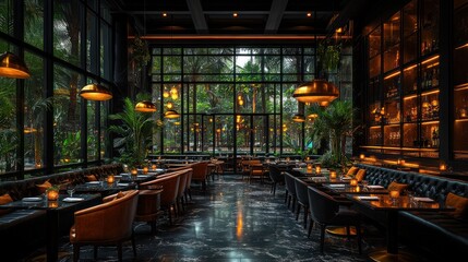 Luxurious restaurant interior with large windows overlooking a lush garden.