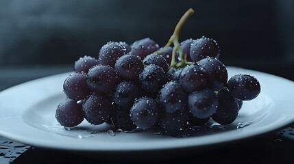 Fresh grapes on plate with water droplets indoor setting food photography close-up natural lighting for culinary inspiration