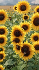 Fototapeta premium A group of bumble bees resting on the petals of a sunflower in a field, yellow and black, flowers, meadow