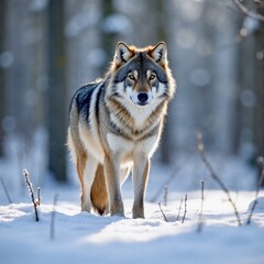 Fototapeta premium Close-Up of a Lone Wolf in a Snow-Covered Forest Under Winter Sunlight