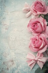 Obraz premium Elegant pink roses with chic bows on vintage backdrop