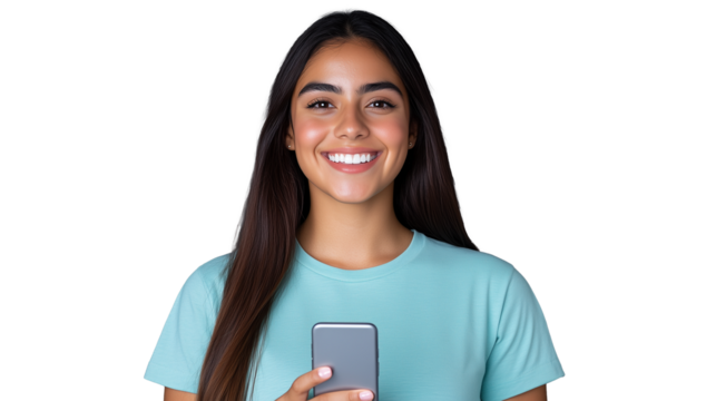 Smiling young woman holding smartphone on transparent background