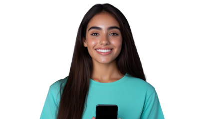 Smiling young woman holding smartphone with transparent background
