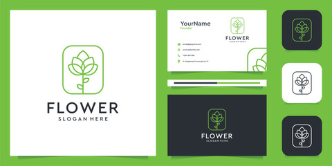 Flower logo illustration vector graphic in line art style with business card