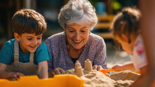 happy grandparent playing with grandchildren in sandbox
