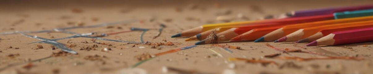 A row of pencils with worn-out tips and scattered shavings on the floor , desk_items, everyday_objects, broken_pencils