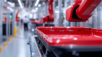 Fototapeta premium Automated robotic systems efficiently assembling vehicle chassis on a futuristic production line, demonstrating advanced robotics in the automotive industry.