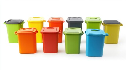 A colorful array of recycling bins with bold labels and matching lids, promoting eco-friendly practices, isolated on white