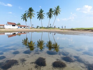 Obraz premium Young Volunteers Cleaning Village Pond with Palm Tree Reflections A Community Effort in Environmental Conservation