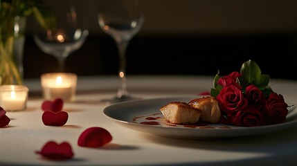 Romantic dinner setting with candlelight, red roses, and gourmet food. Perfect for Valentine's Day or anniversary celebrations.