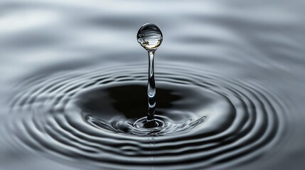 Single clear water droplet forming ripples in perfect concentric patterns