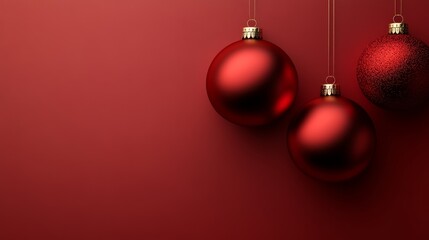 Fototapeta premium Vibrant Christmas Ornaments Hanging on a Rich Red Background for Festive Holiday Celebrations and Decorations