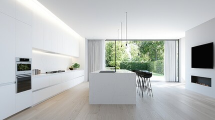 Fototapeta premium Modern minimalist white kitchen interior featuring a central island, bar stools, and large glass doors opening to a garden.