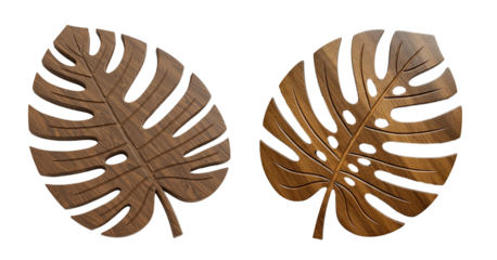 A Monstera leaf made of textured wood, with carved splits and realistic grain patterns, lying on a white backdrop 