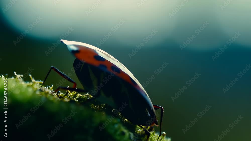 Poster Close-up of a ladybug on a mossy surface in a serene forest setting during daylight