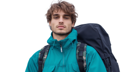 Adventurous young man wearing teal jacket with backpack on transparent background