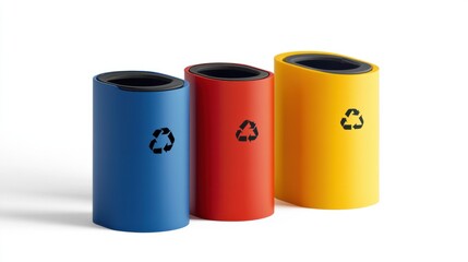 A modern set of garbage bins in vibrant colors, including blue, yellow, and red, with recycling icons, isolated on a white background