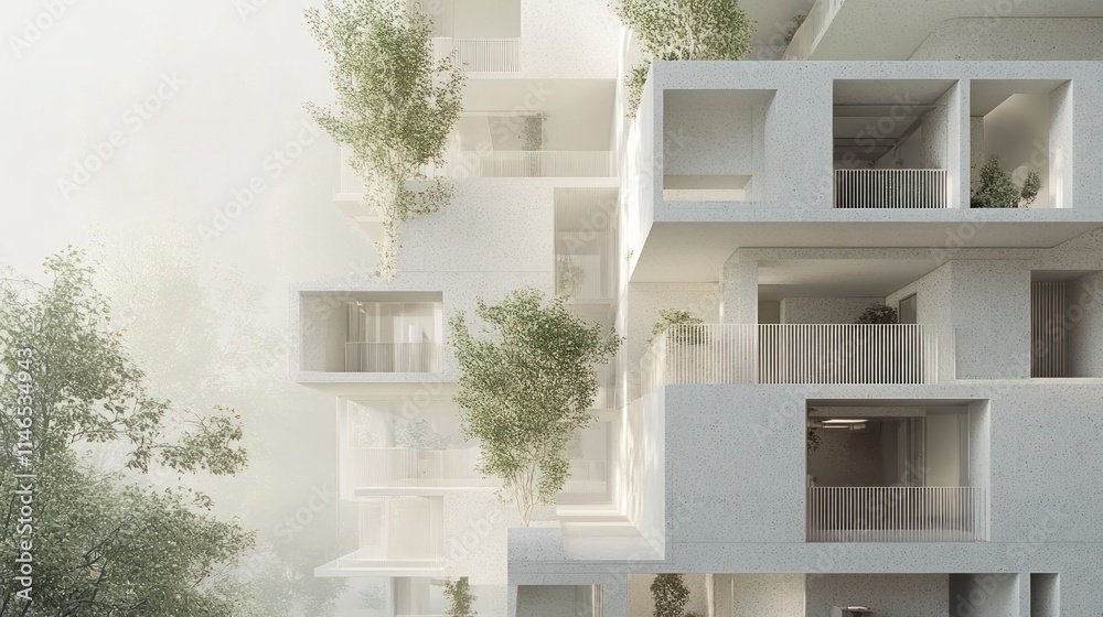 Poster modern architectural design featuring greenery integrated into the structure.