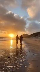 A couple holding hands as they walk along a reflective shoreline under a vibrant golden sunset with dramatic clouds, creating a stunning and romantic atmosphere. AI generated.