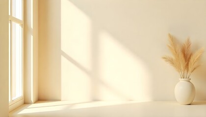 Minimalistic abstract gentle light beige background for product presentation with light andand intricate shadow from the window and vegetation on wall.
