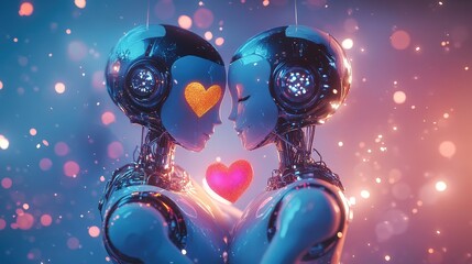 Fototapeta premium Humanoid robots in romantic scene with hearts and gradient background