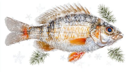 Detailed Illustration of Frozen Fish with Natural Elements and Snowflakes in Microstock Style