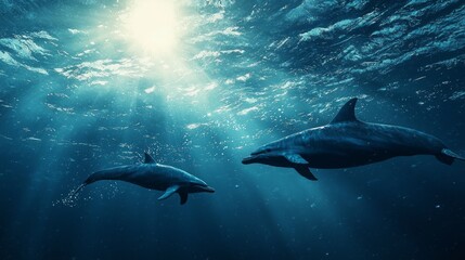 Fototapeta premium Dolphins Swim Gracefully in Crystal Clear Ocean Waters Illuminated by Sunlight During a Tranquil Underwater Moment