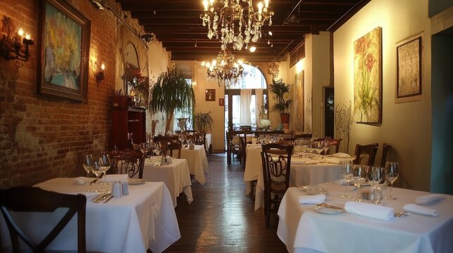elegant restaurant interior with brick walls and crystal chandel