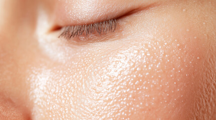 Fototapeta premium Detailed close-up of dry, flaky skin affected by eczema or dermatitis, showing redness and small cracks. The skin surface is uneven with rough, dry patches, emphasizing the harsh A