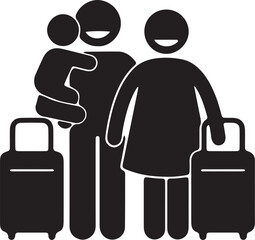 Illustration of a silhouette stick figure family on vacation with luggage and suitcase icon